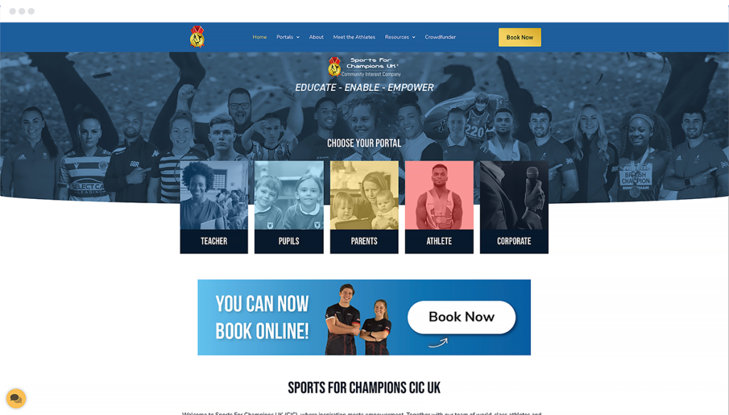 Sports for Champions UK CIC Homepage, optimised for usability